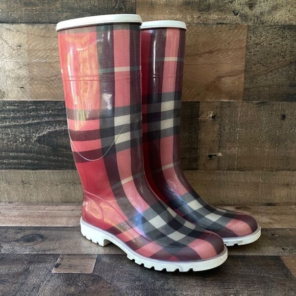 Burberry Nova Check Red Rain Boots Size 36/6 - Picture 2 of 13